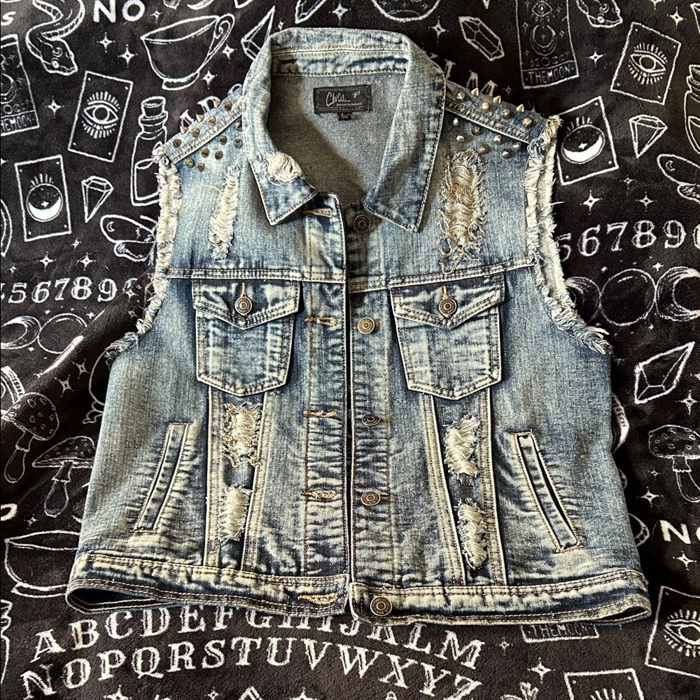 Studded Distressed Denim Vest